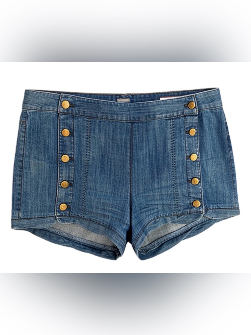 Juicy Couture Denim Sailor-Style Jean Shorts in Blue with Gold Buttons